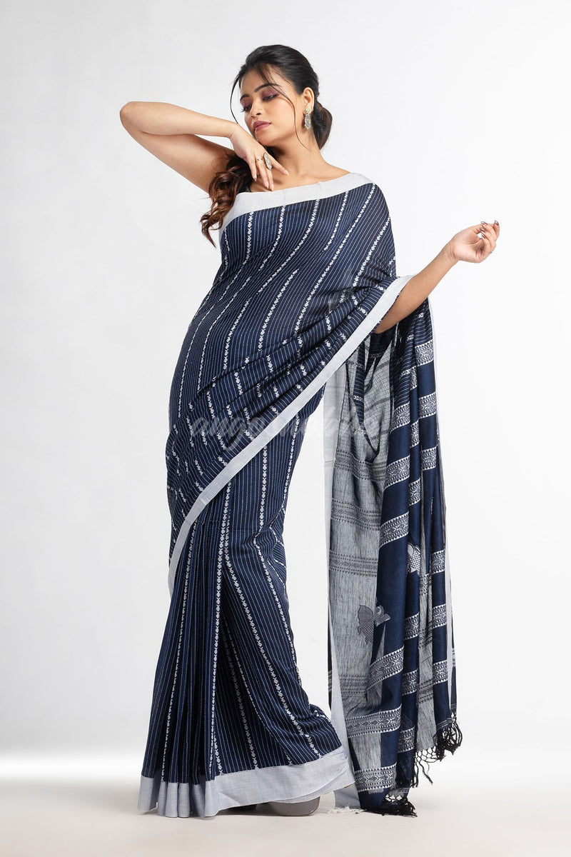 Nevy Blue all  body small fish design with fish design pallu in solid border handwoven cotton saree