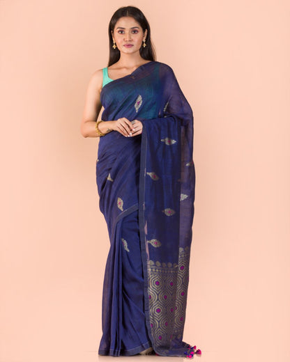 Berry blue handwoven bengal cotton and linen saree