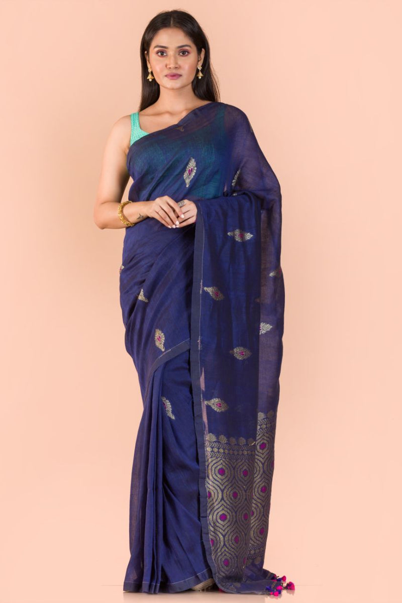Berry blue handwoven bengal cotton and linen saree
