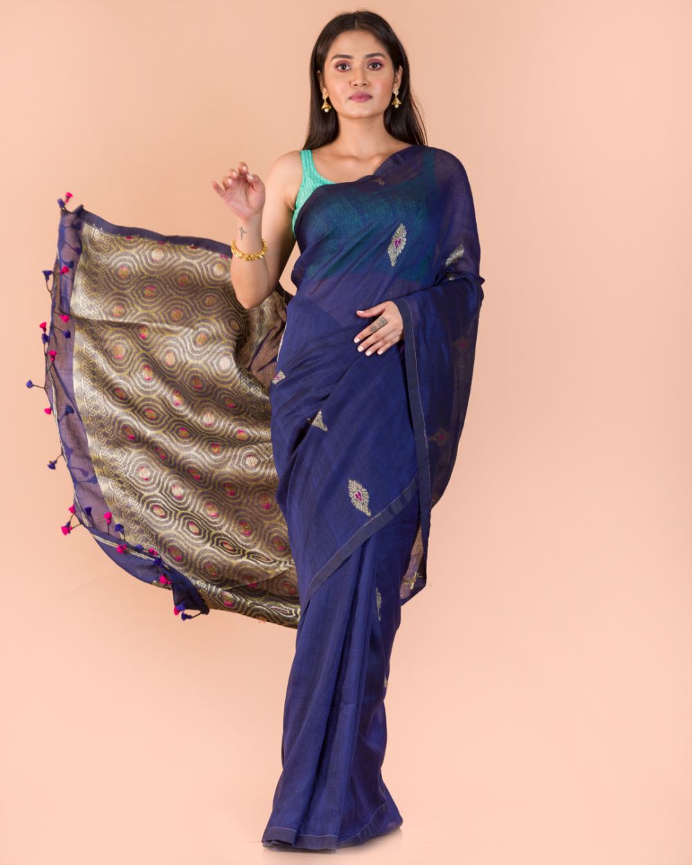 Berry blue handwoven bengal cotton and linen saree