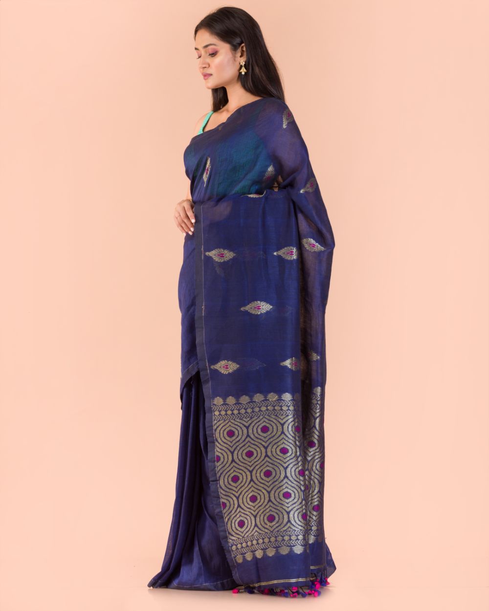 Berry blue handwoven bengal cotton and linen saree