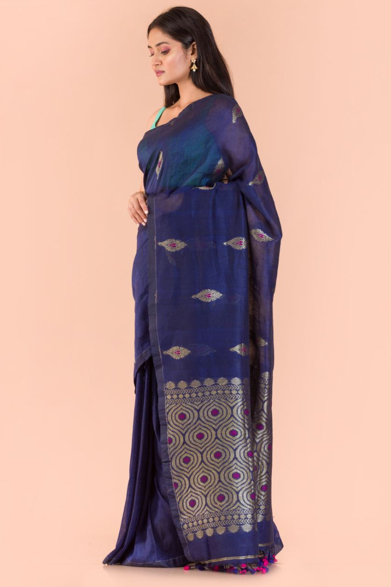 Berry blue handwoven bengal cotton and linen saree