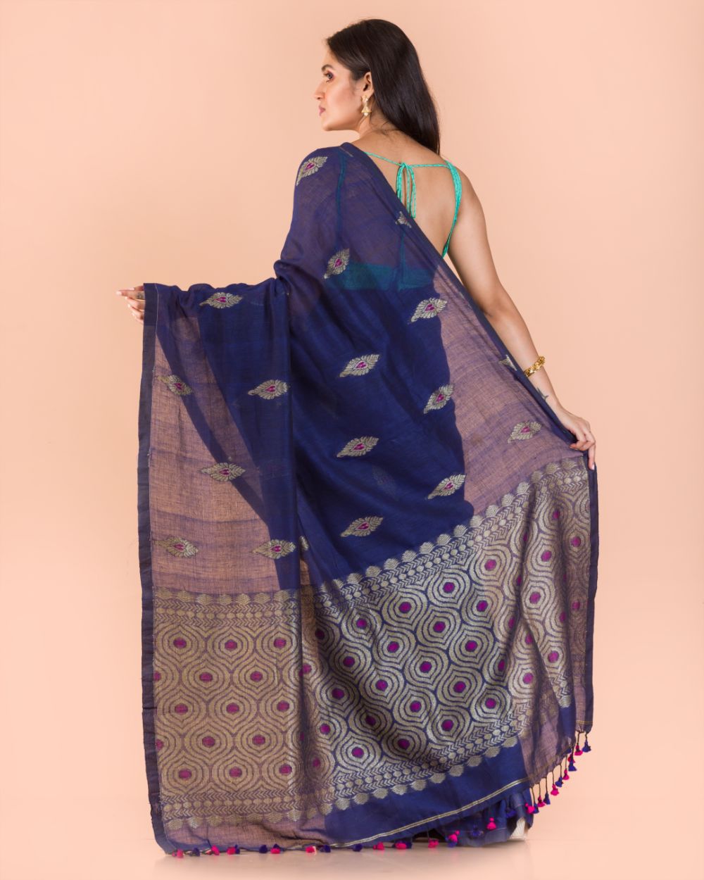 Berry blue handwoven bengal cotton and linen saree