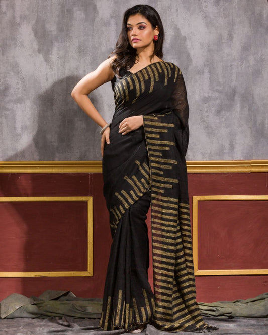 Black Handloom Linen Saree