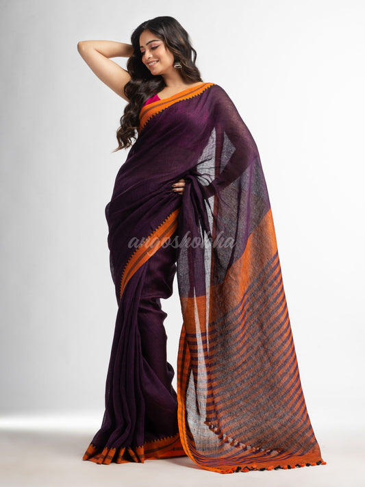 Purple with multi colour pallu in jacquard design Handwoven linen Saree