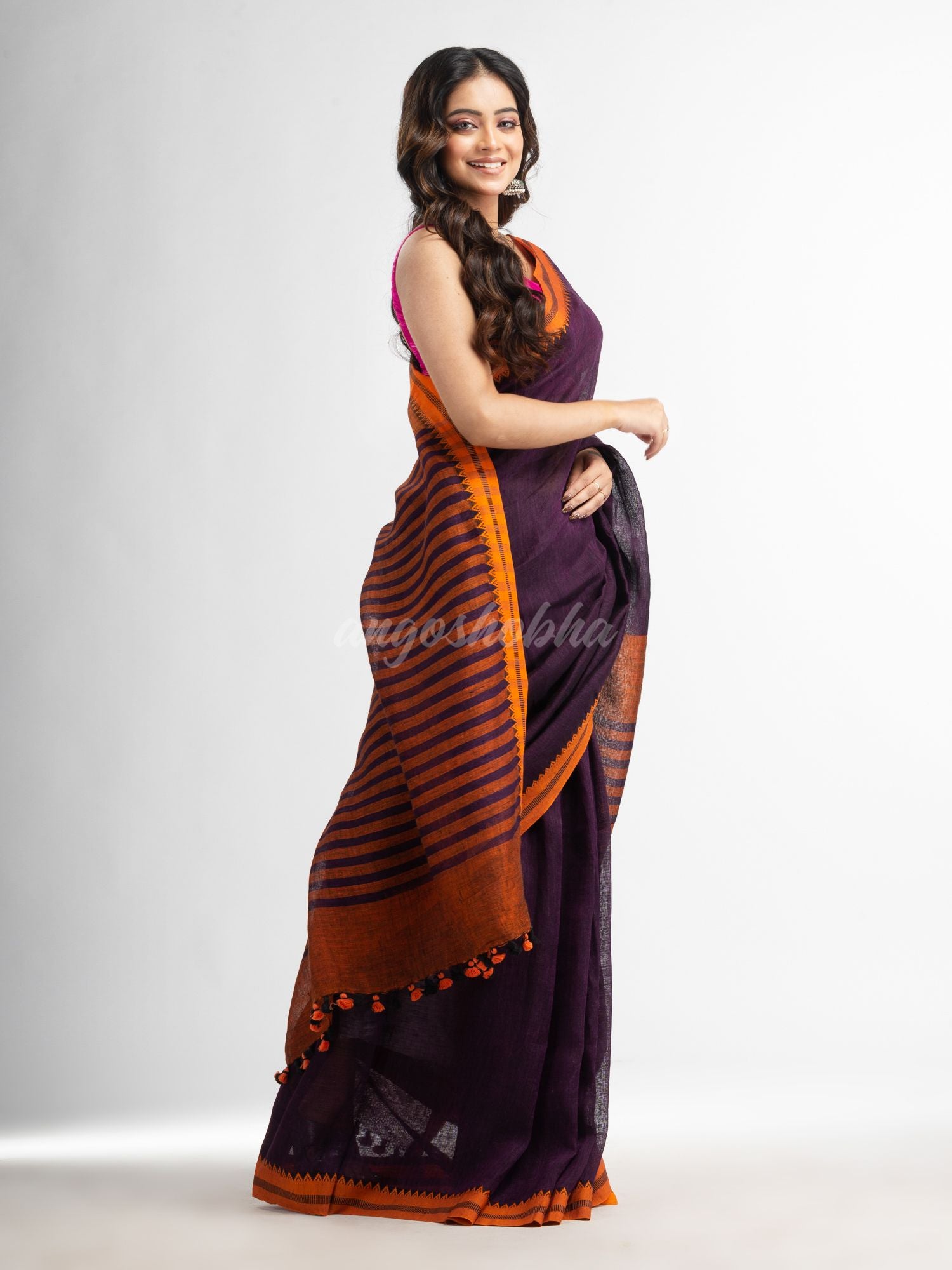 Purple with multi colour pallu in jacquard design Handwoven linen Saree