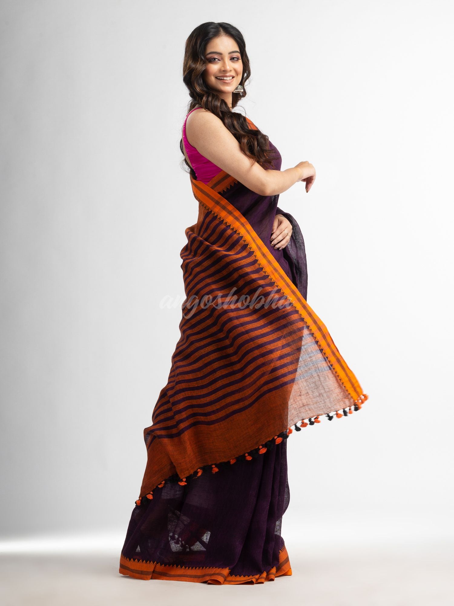 Purple with multi colour pallu in jacquard design Handwoven linen Saree