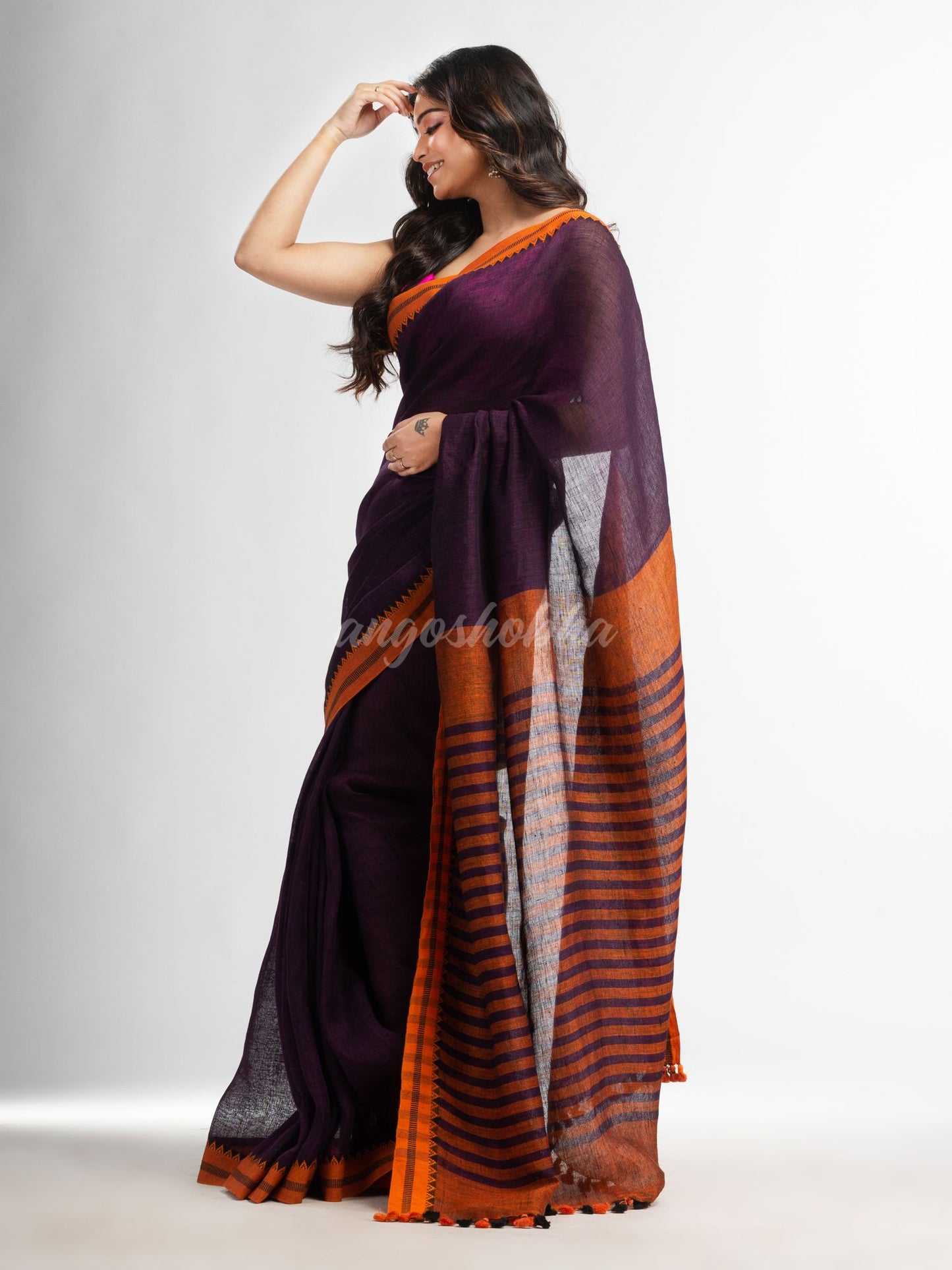 Purple with multi colour pallu in jacquard design Handwoven linen Saree