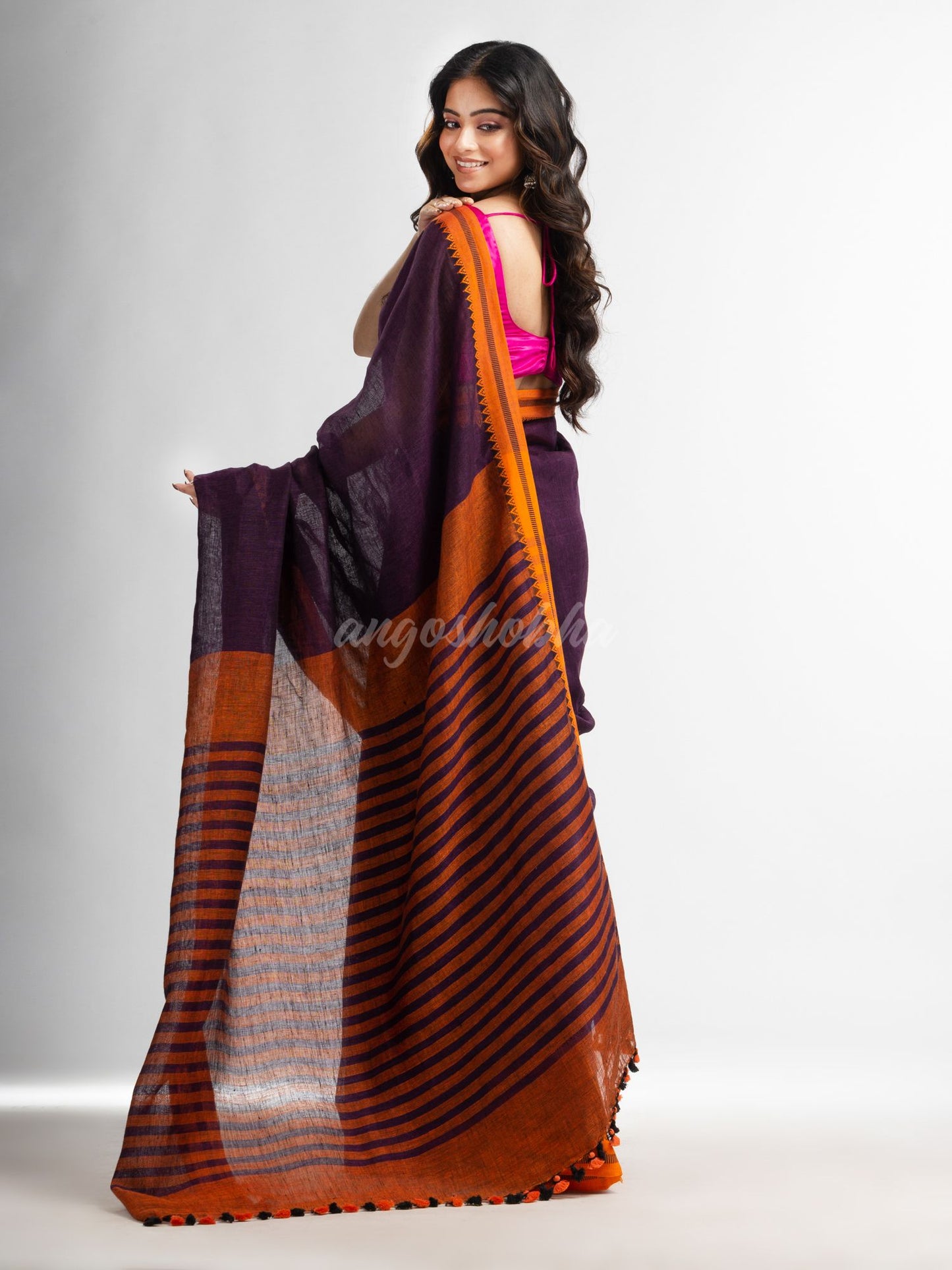Purple with multi colour pallu in jacquard design Handwoven linen Saree
