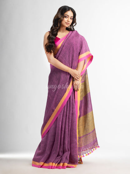 Lipgloss pink in multe colour border handwoven linen  saree