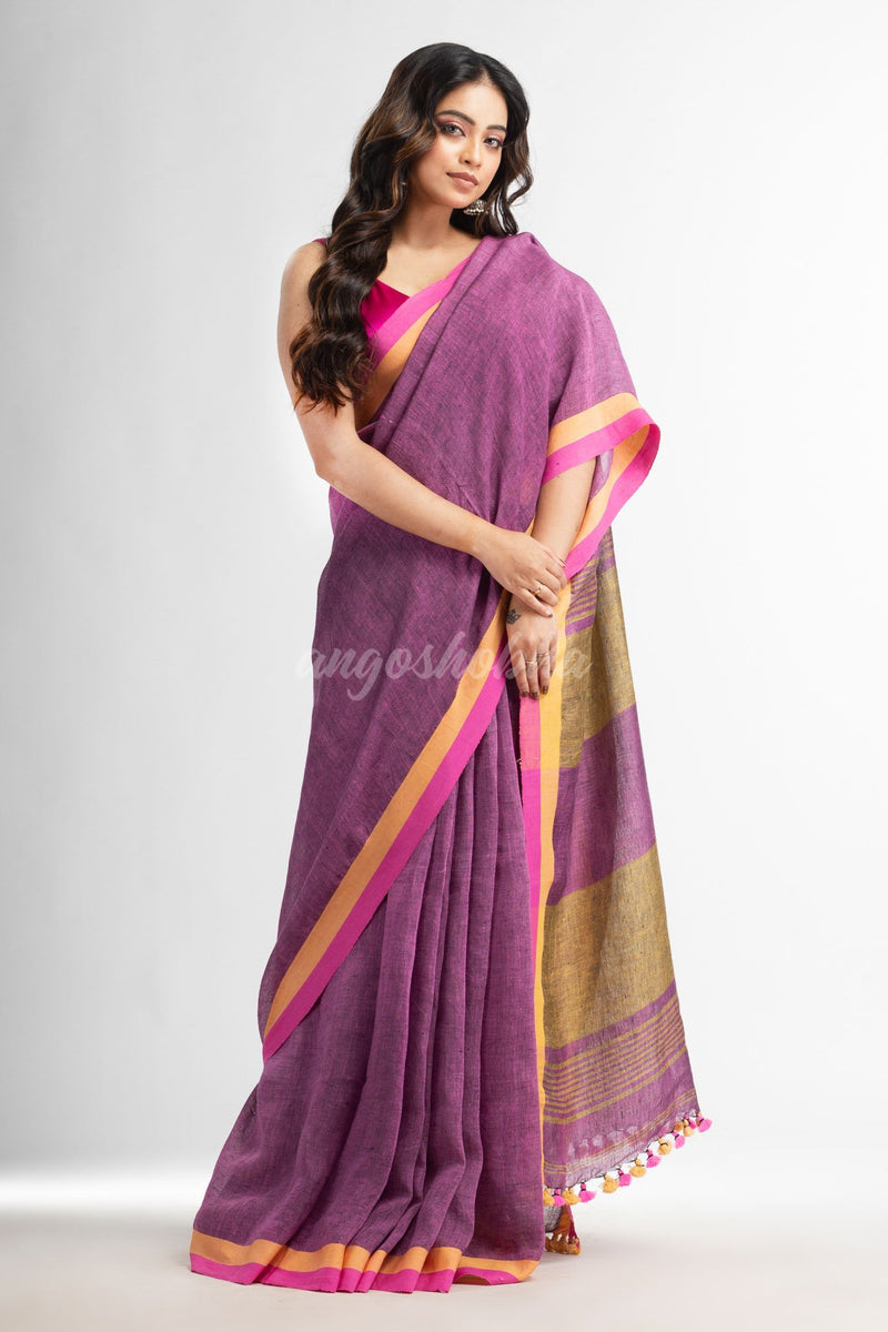 Lipgloss pink in multe colour border handwoven linen  saree