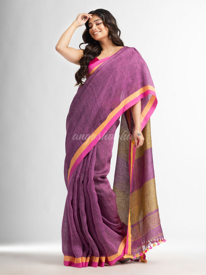 Lipgloss pink in multe colour border handwoven linen  saree