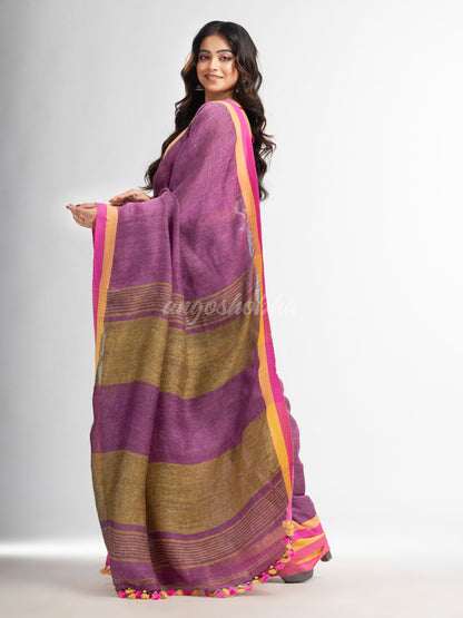 Lipgloss pink in multe colour border handwoven linen  saree