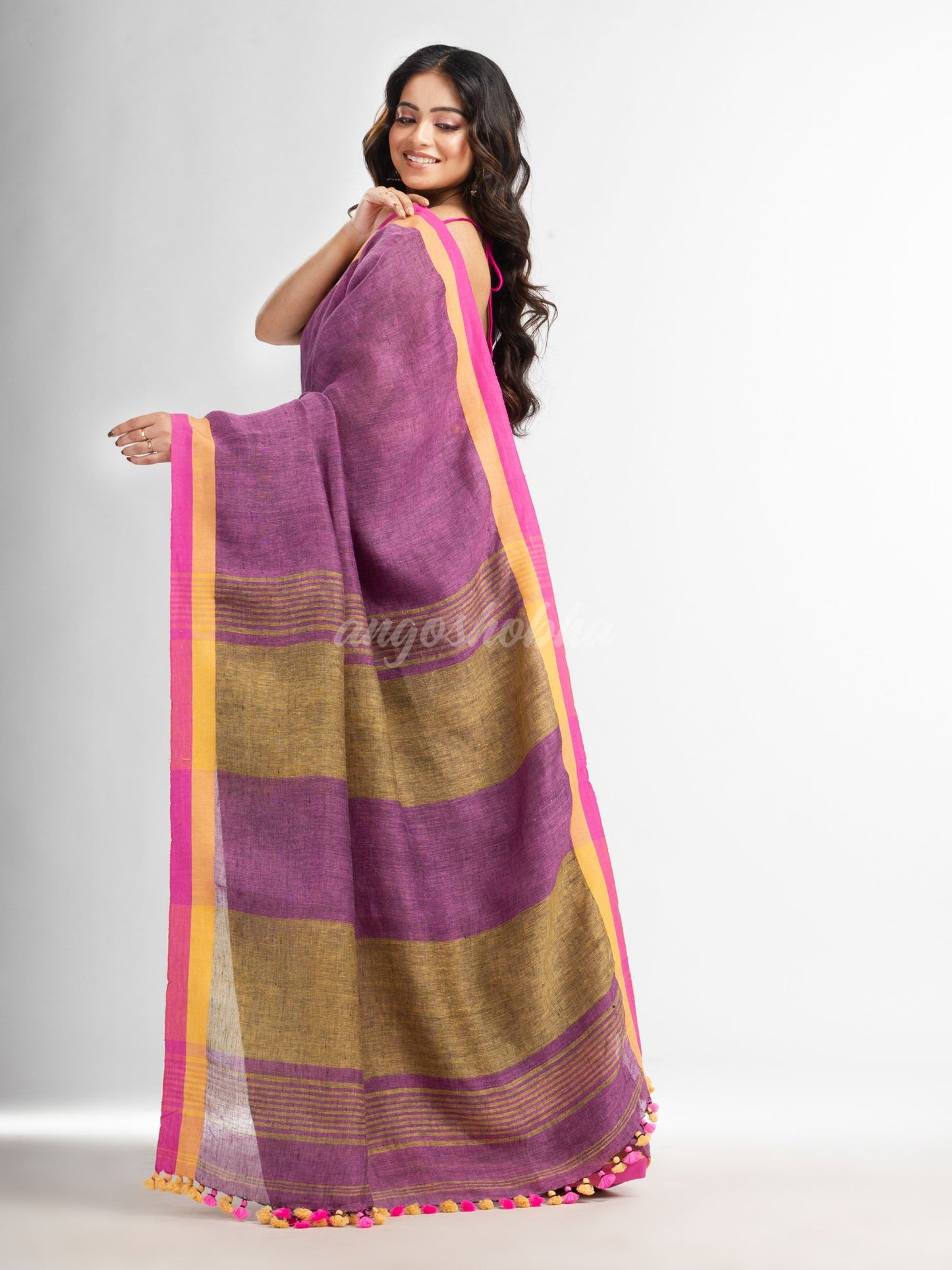 Lipgloss pink in multe colour border handwoven linen  saree