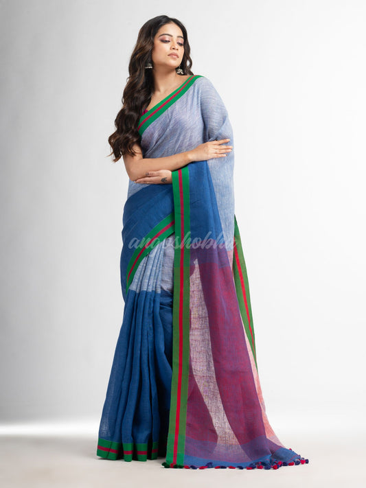 Blue and white half and half red  Pallu in multe colour border handwoven linen  saree