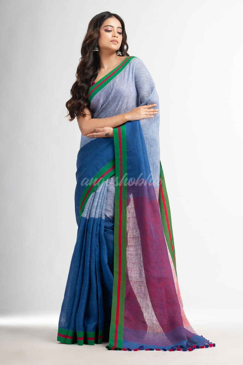 Blue and white half and half red  Pallu in multe colour border handwoven linen  saree