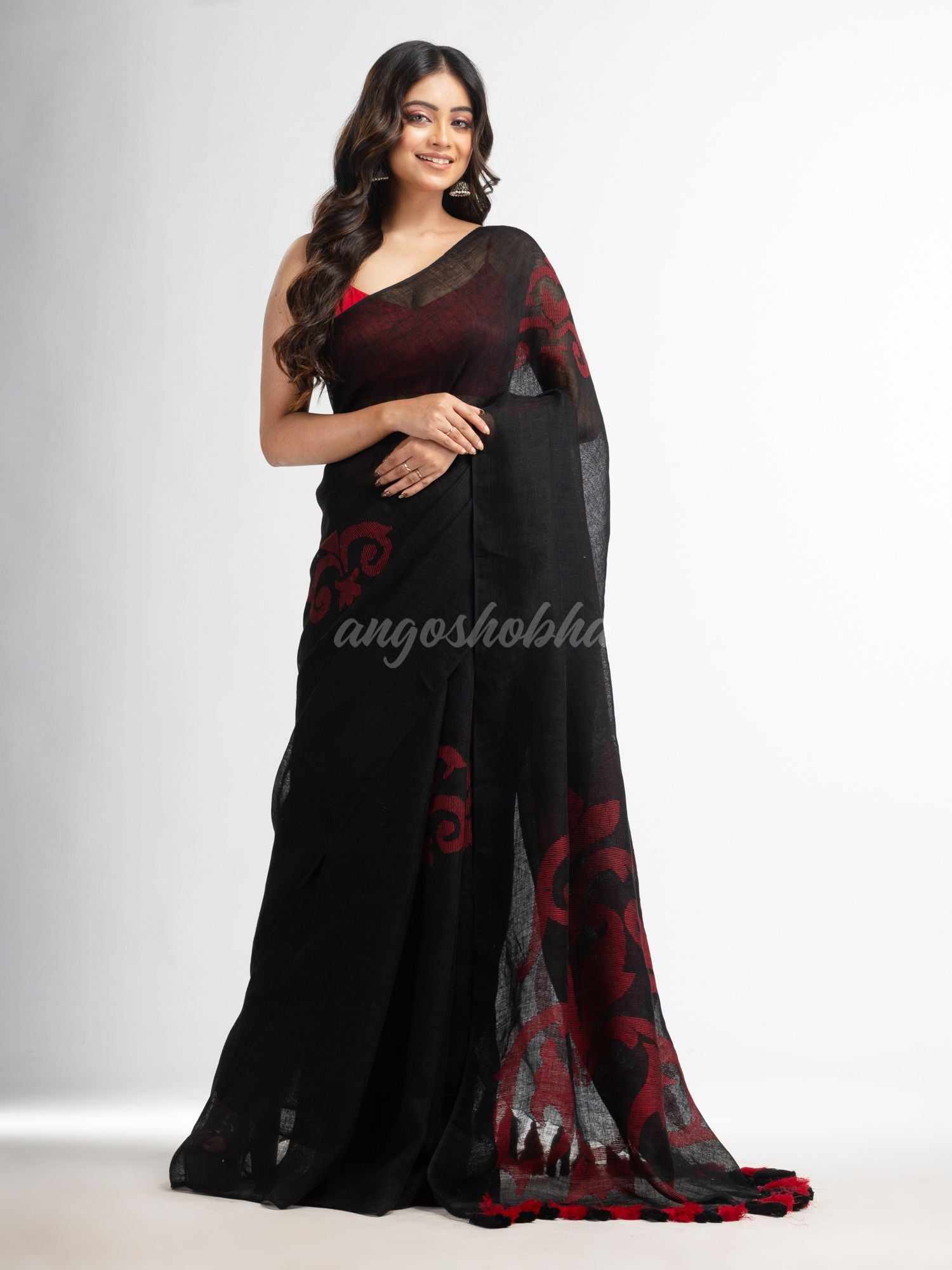 Black jamdani handwoven linen saree