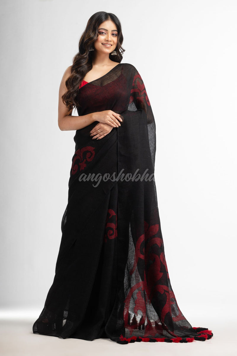 Black jamdani handwoven linen saree