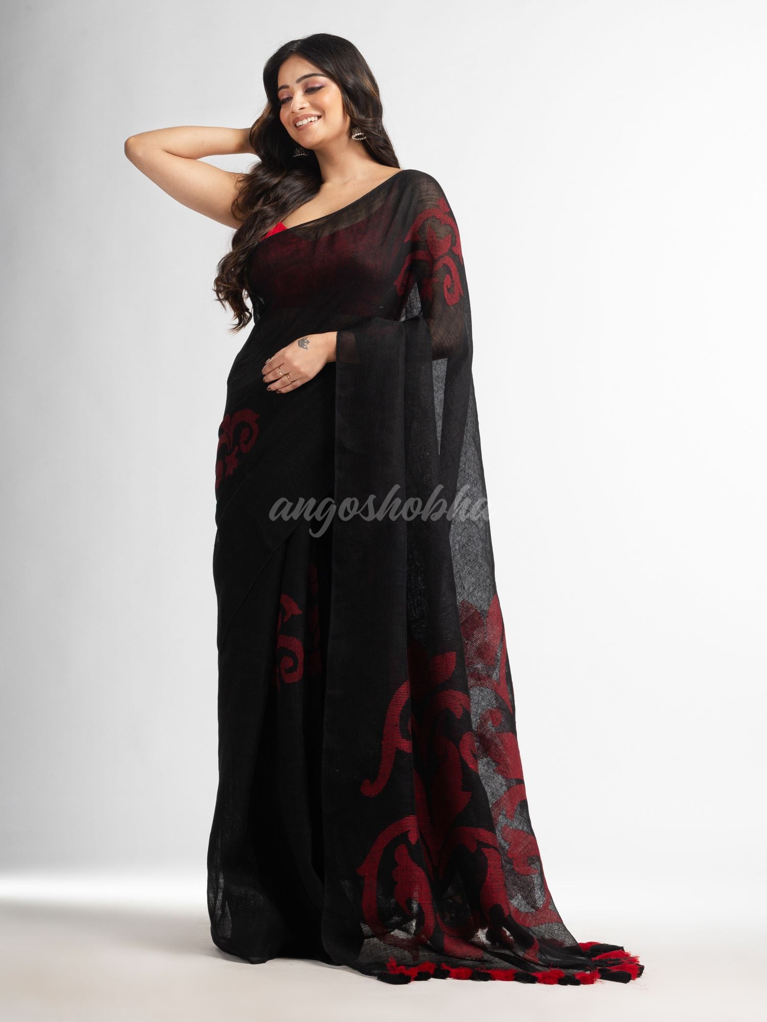 Black jamdani handwoven linen saree