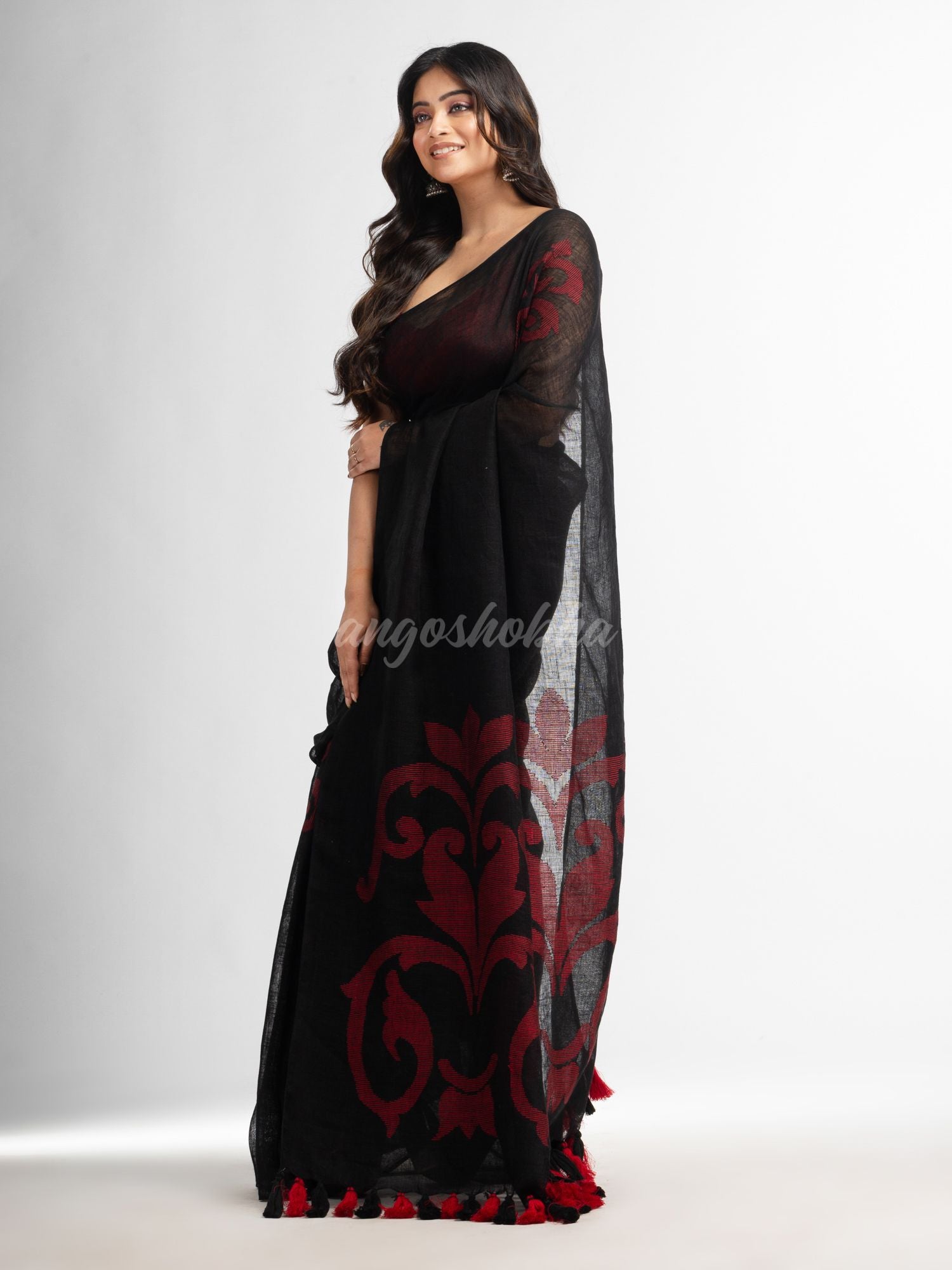 Black jamdani handwoven linen saree