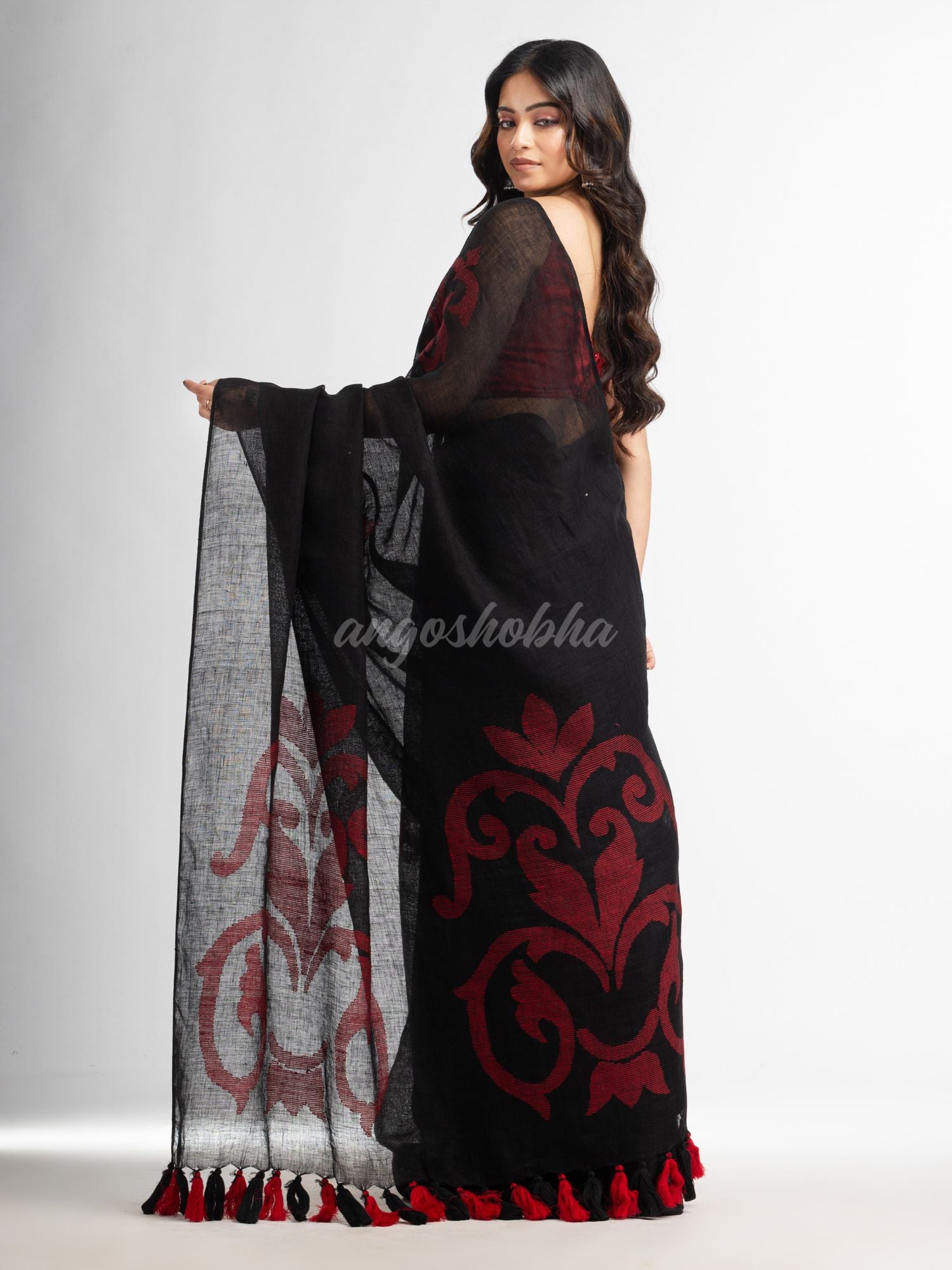 Black jamdani handwoven linen saree