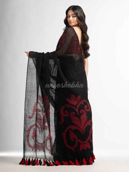 Black jamdani handwoven linen saree