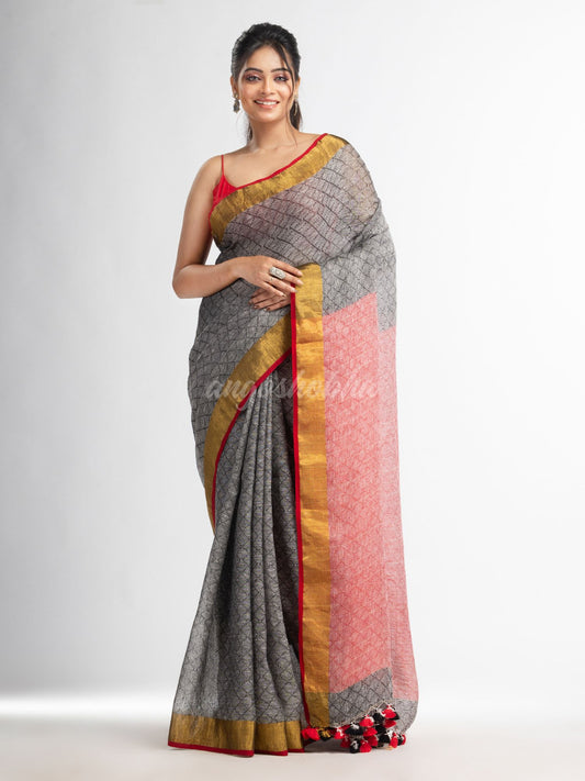 grey all body jacquard weaving red pallu  with gold zari border handwoven linen saree