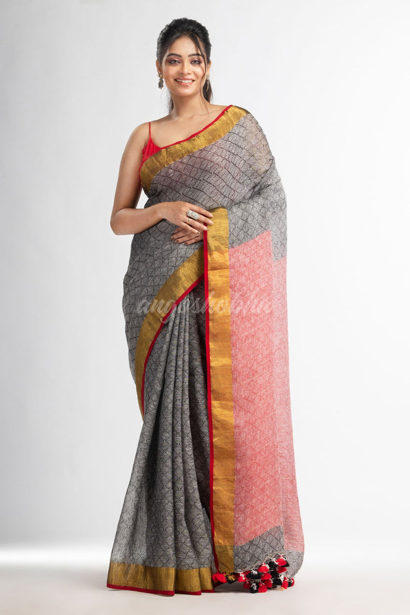 grey all body jacquard weaving red pallu  with gold zari border handwoven linen saree