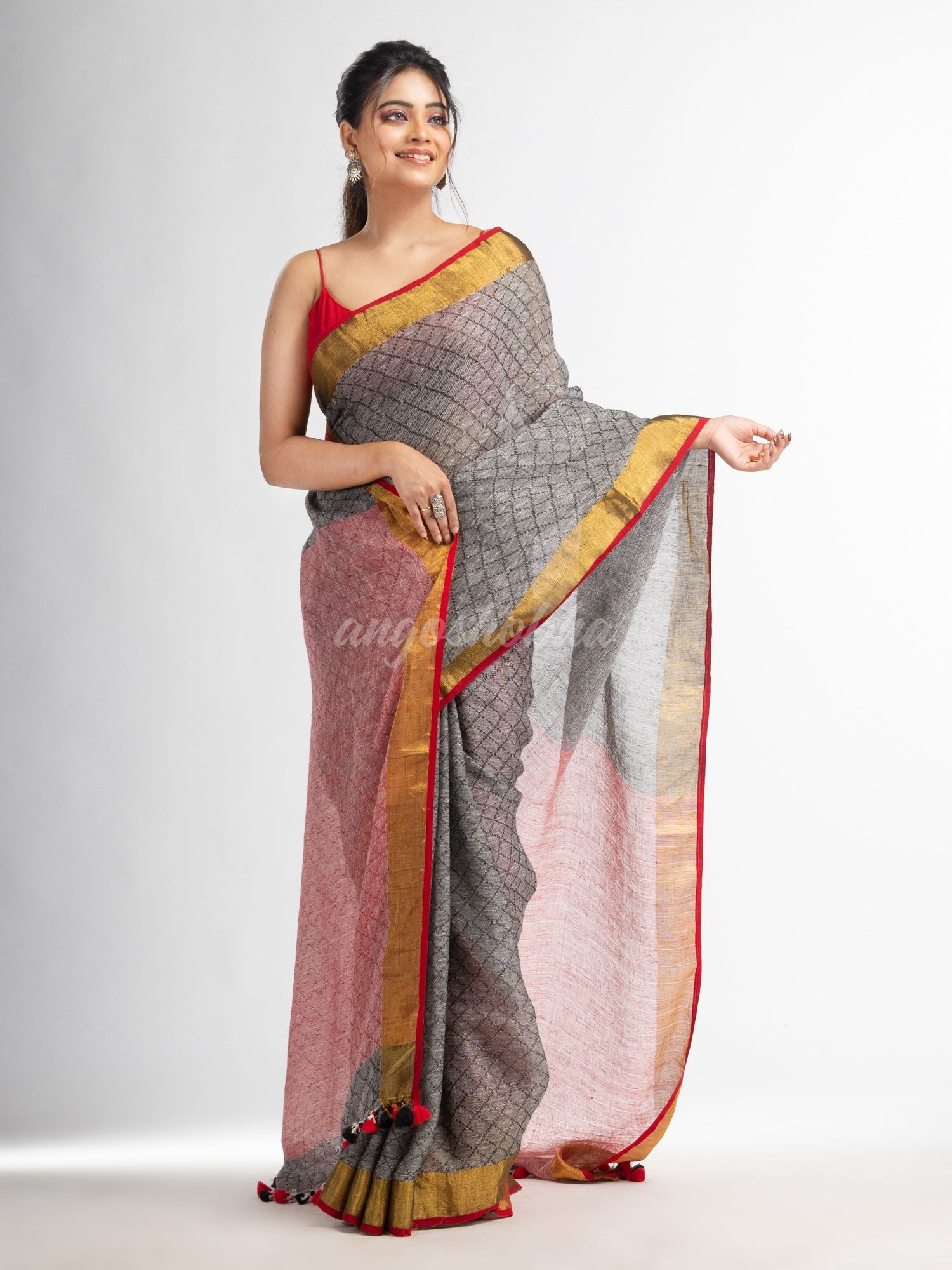 grey all body jacquard weaving red pallu  with gold zari border handwoven linen saree