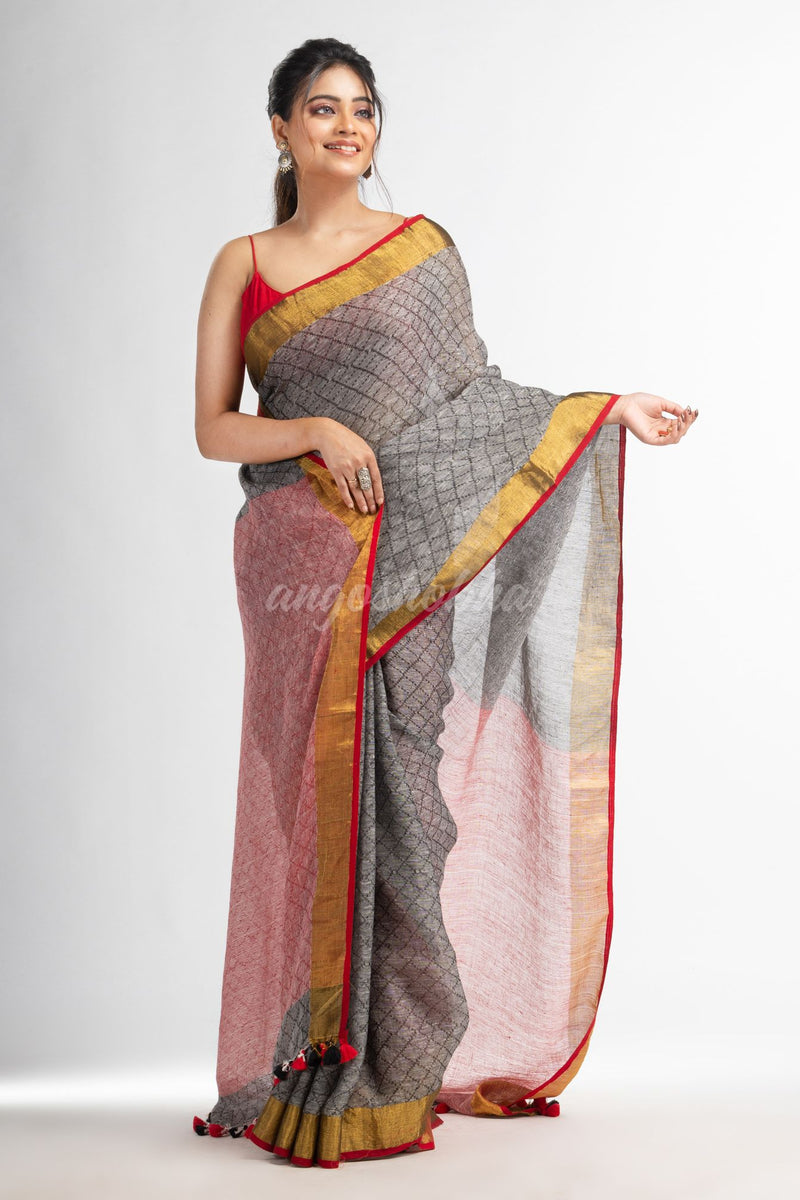 grey all body jacquard weaving red pallu  with gold zari border handwoven linen saree