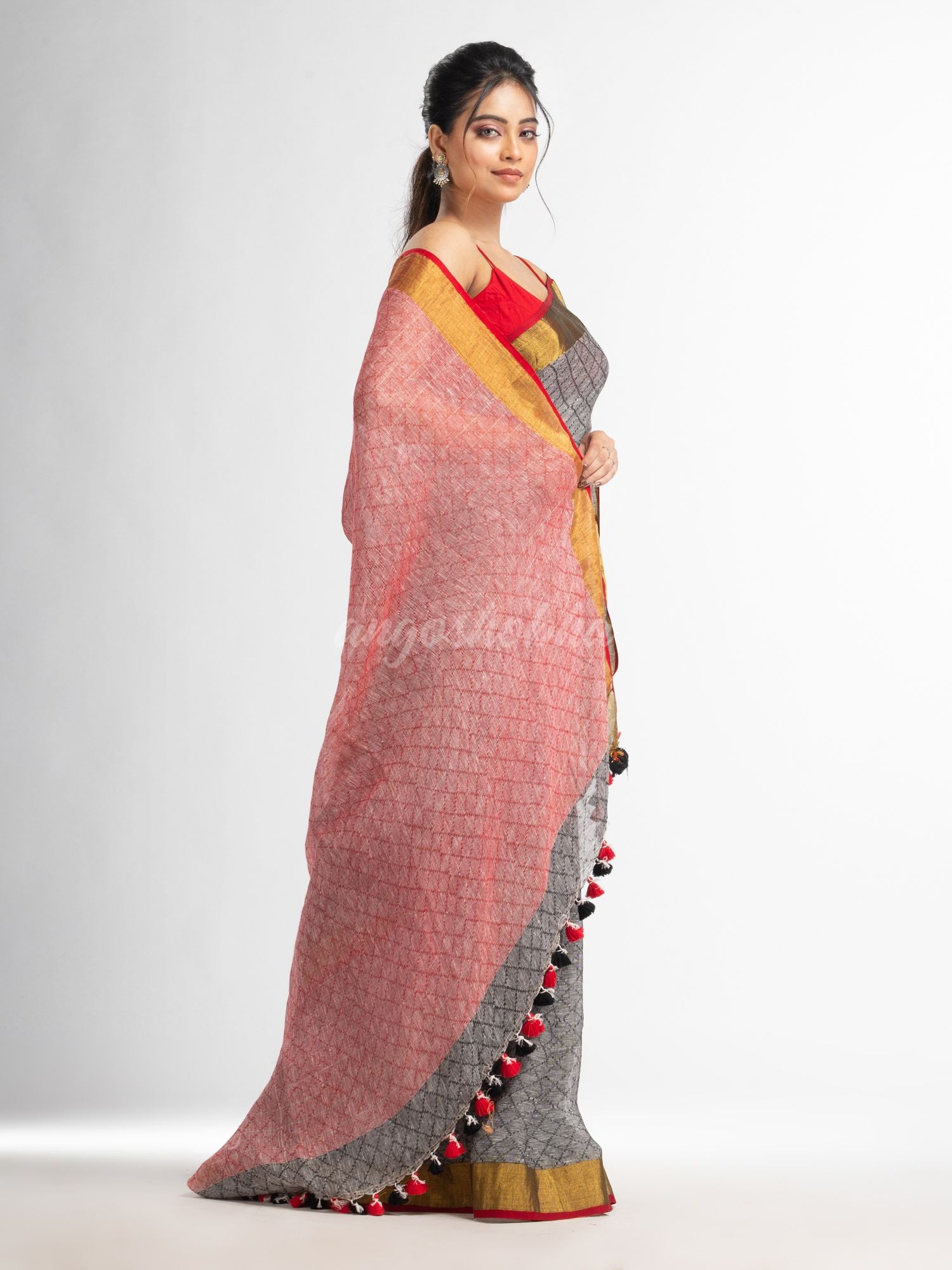 grey all body jacquard weaving red pallu  with gold zari border handwoven linen saree