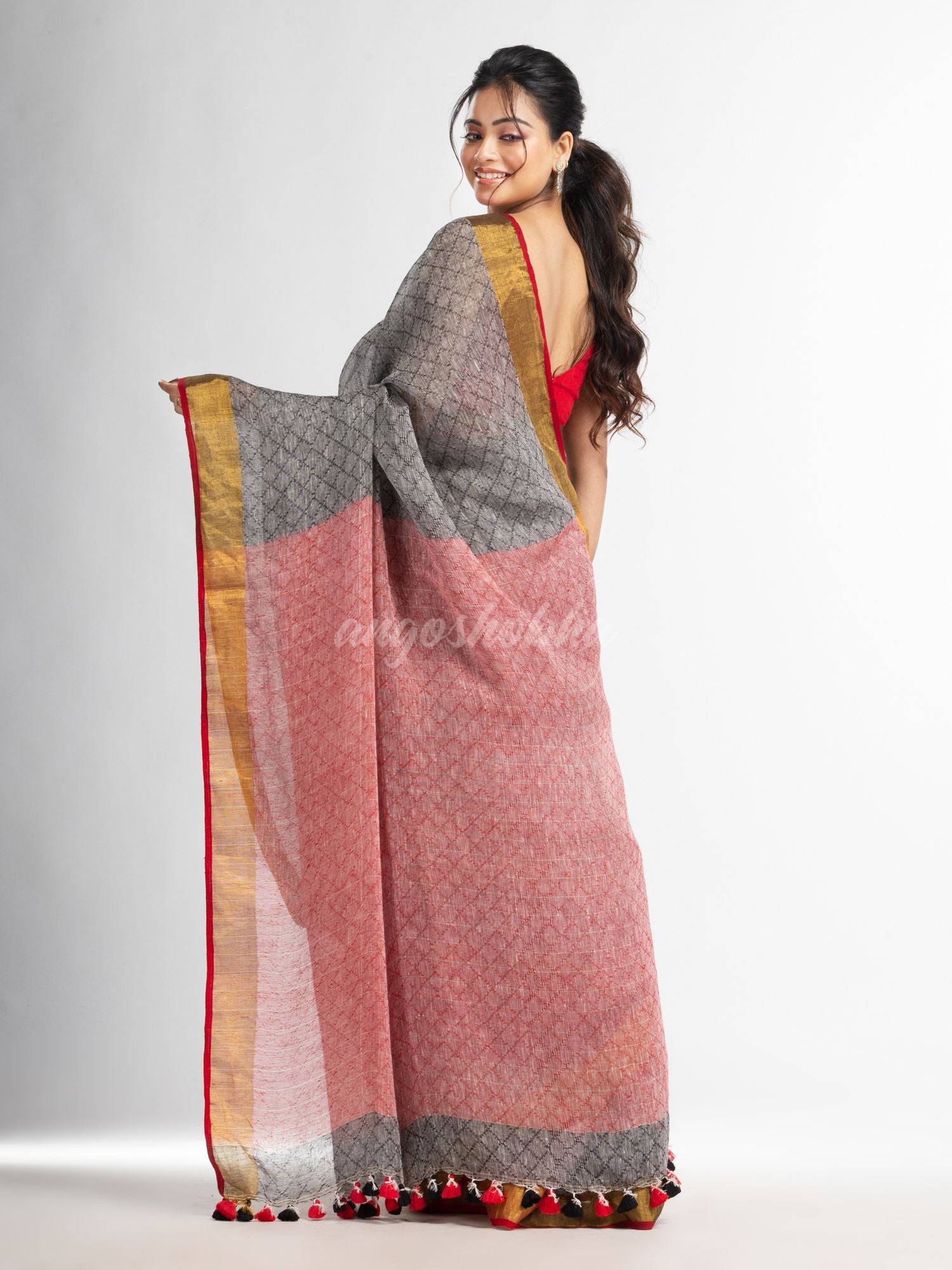 grey all body jacquard weaving red pallu  with gold zari border handwoven linen saree