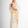 white half body buti with gold zari pallu in gold zari border handwoven linen saree