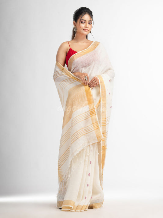 white half body buti with gold zari pallu in gold zari border handwoven linen saree