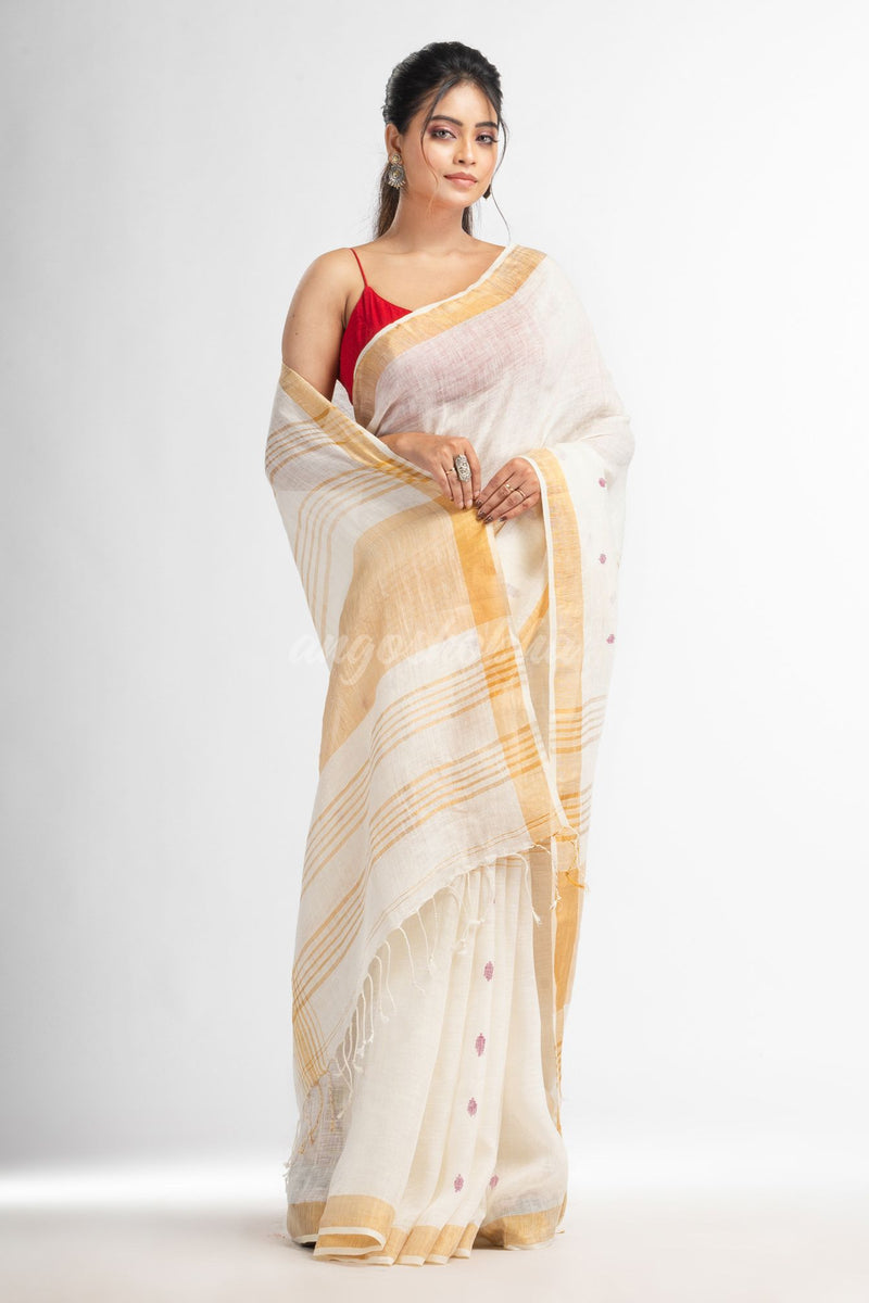 white half body buti with gold zari pallu in gold zari border handwoven linen saree