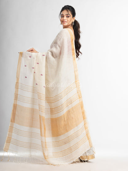 white half body buti with gold zari pallu in gold zari border handwoven linen saree