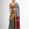 Grey with red pallu in jacquard boeder handwoven linen saree