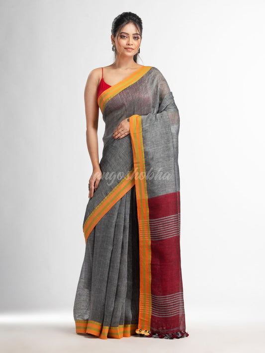 Grey with red pallu in jacquard boeder handwoven linen saree