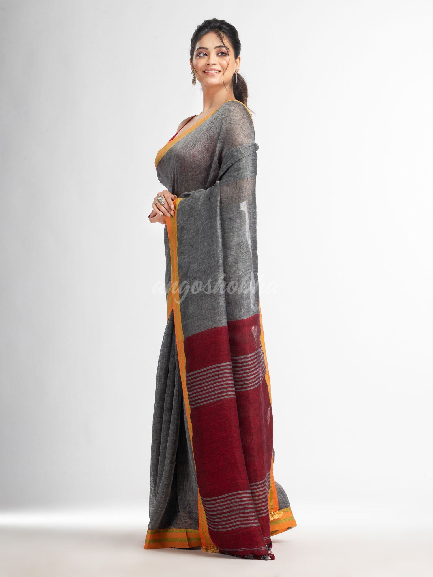 Grey with red pallu in jacquard boeder handwoven linen saree
