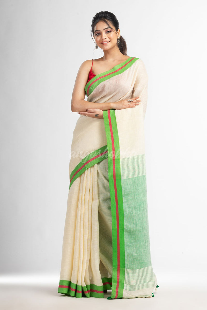 Cream with green pallu in multi colour boeder handwoven linen saree