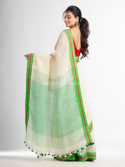 Cream with green pallu in multi colour boeder handwoven linen saree