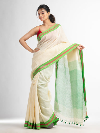 Cream with green pallu in multi colour boeder handwoven linen saree