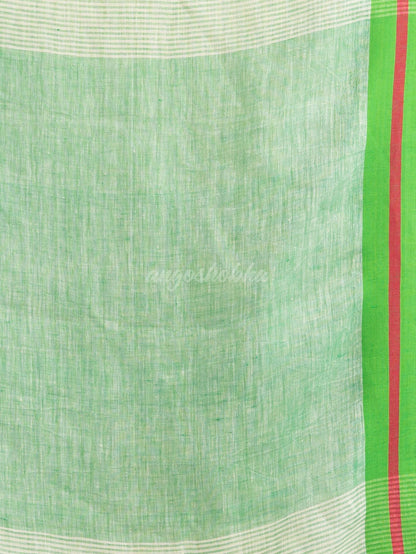 Cream with green pallu in multi colour boeder handwoven linen saree