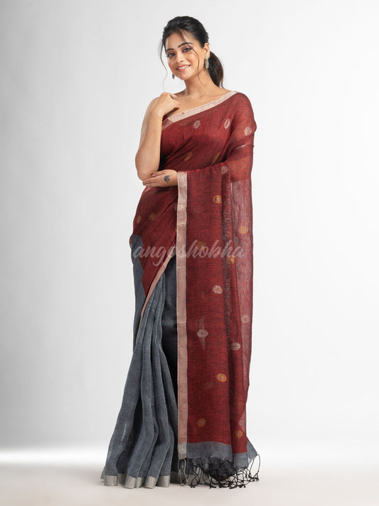 Grey rust half and half with ball buti pallu in silver zari border handwoven linen saree