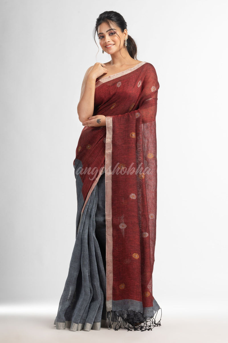 Grey rust half and half with ball buti pallu in silver zari border handwoven linen saree