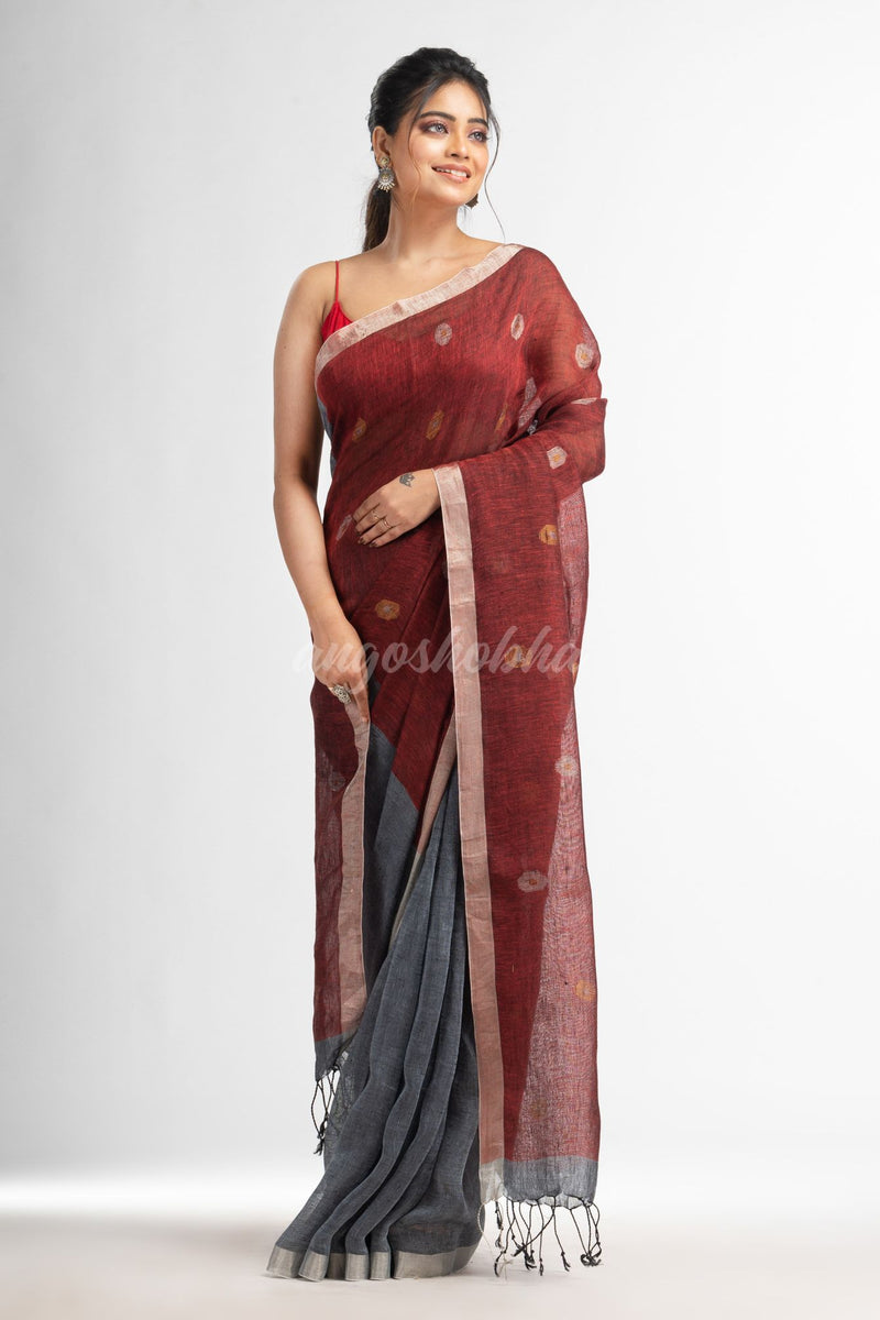 Grey rust half and half with ball buti pallu in silver zari border handwoven linen saree