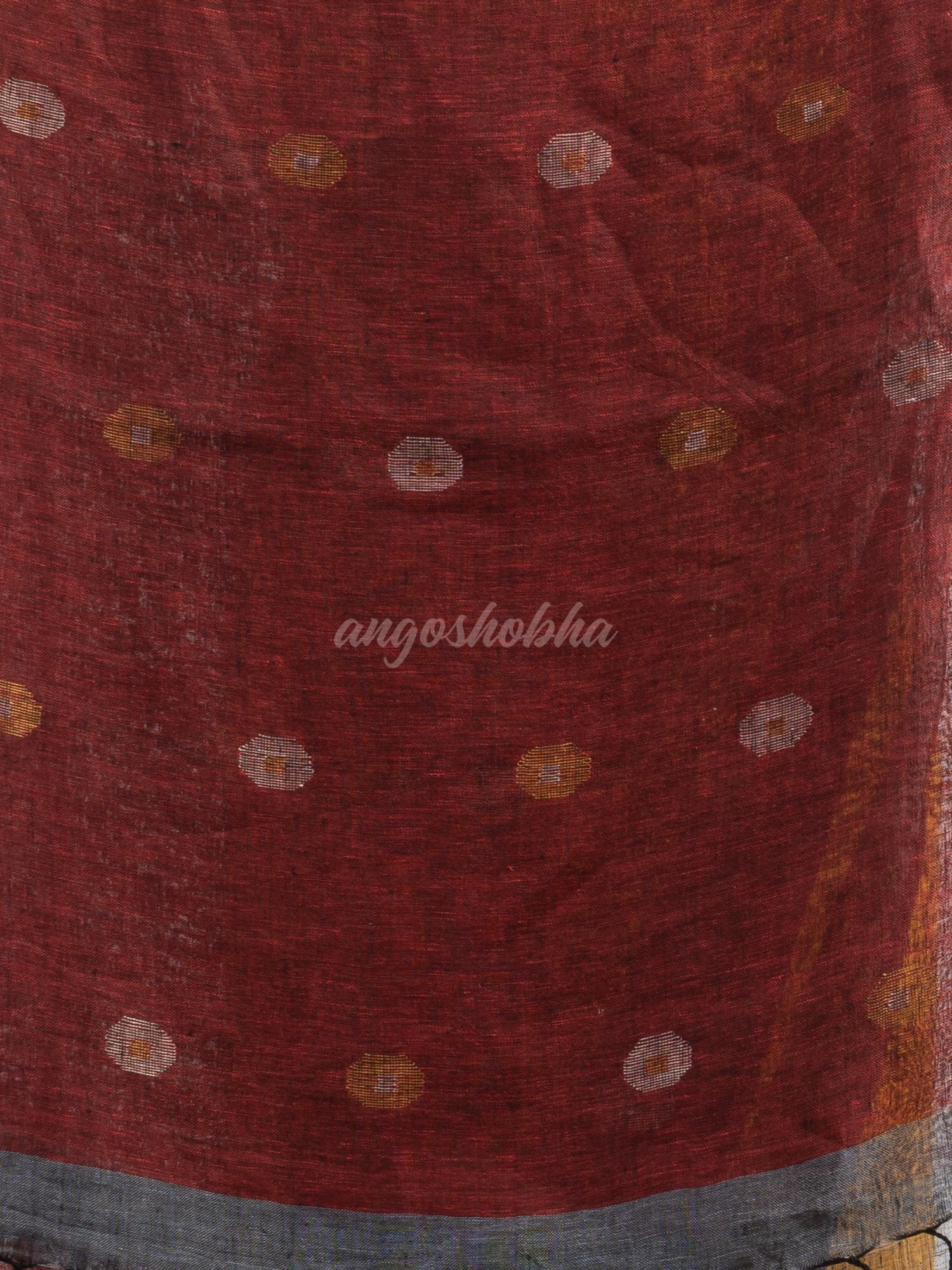 Grey rust half and half with ball buti pallu in silver zari border handwoven linen saree