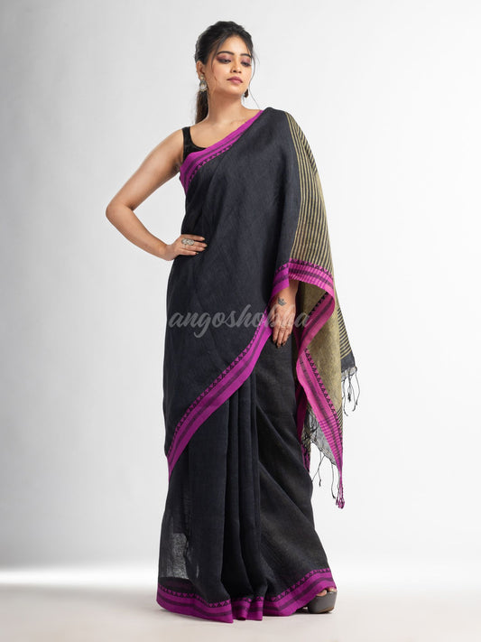 Charcoal with Lemon yellow pallu in jacquard boeder handwoven linen saree