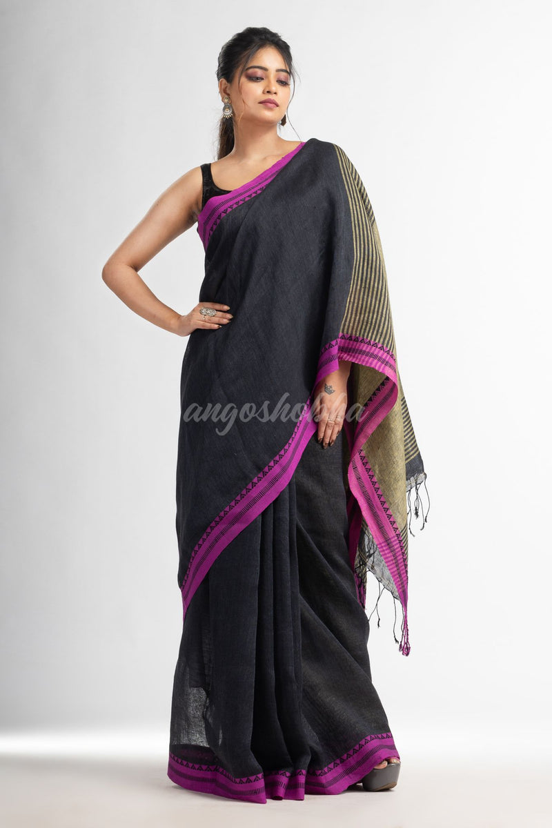 Charcoal with Lemon yellow pallu in jacquard boeder handwoven linen saree