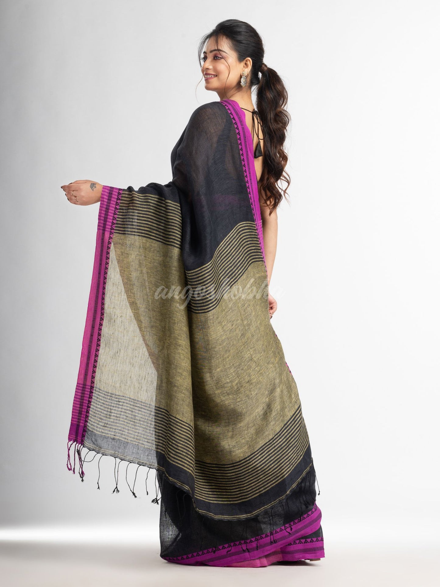 Charcoal with Lemon yellow pallu in jacquard boeder handwoven linen saree